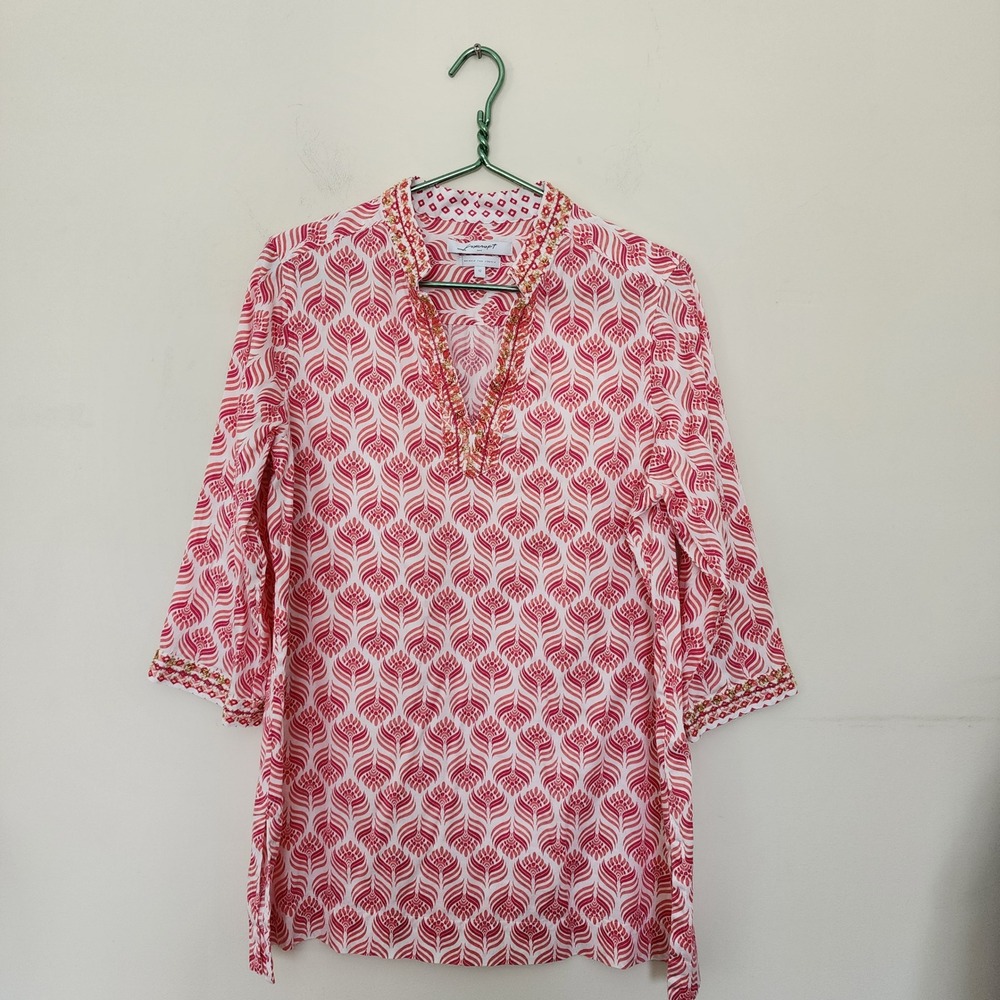 Foxcroft NYC Pink Orange Beaded Peacock Print Tunic Top Wrinkle Free Stretch 12